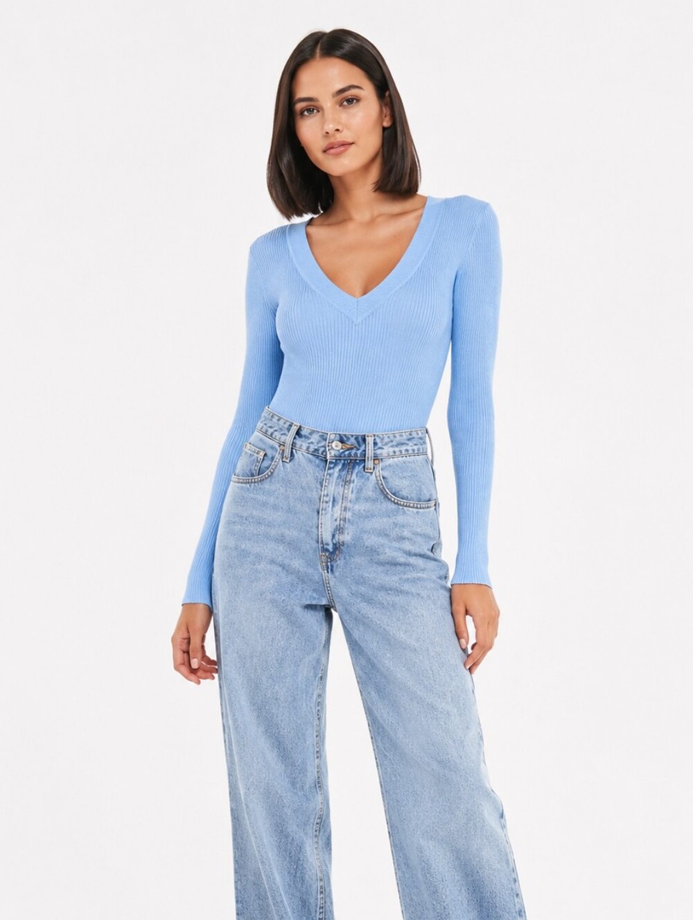Missguided Light Blue V-Neck Ribbed Bodysuit